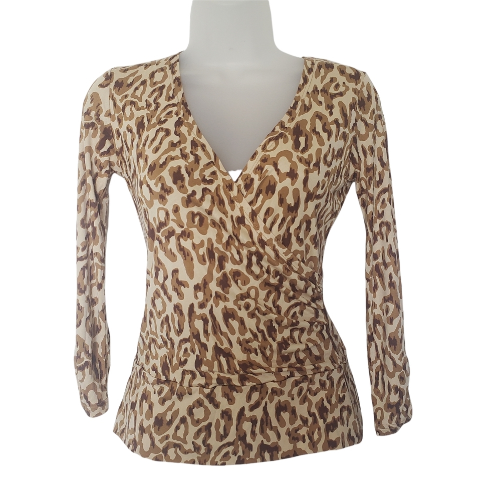 Cache Sexy Animal Print 100% Silk Blouse Size S Faux Wrap 3/4 Sleeves Ruching